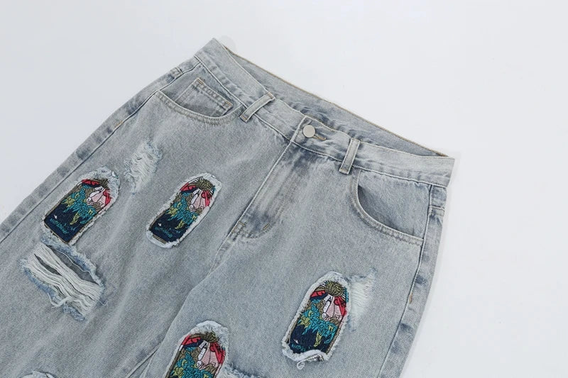 retro patch embroidered pleated jean for men street wear washed destroyed straight patchwork ripped jeans pants baggy hip hop unique jeans style 1066