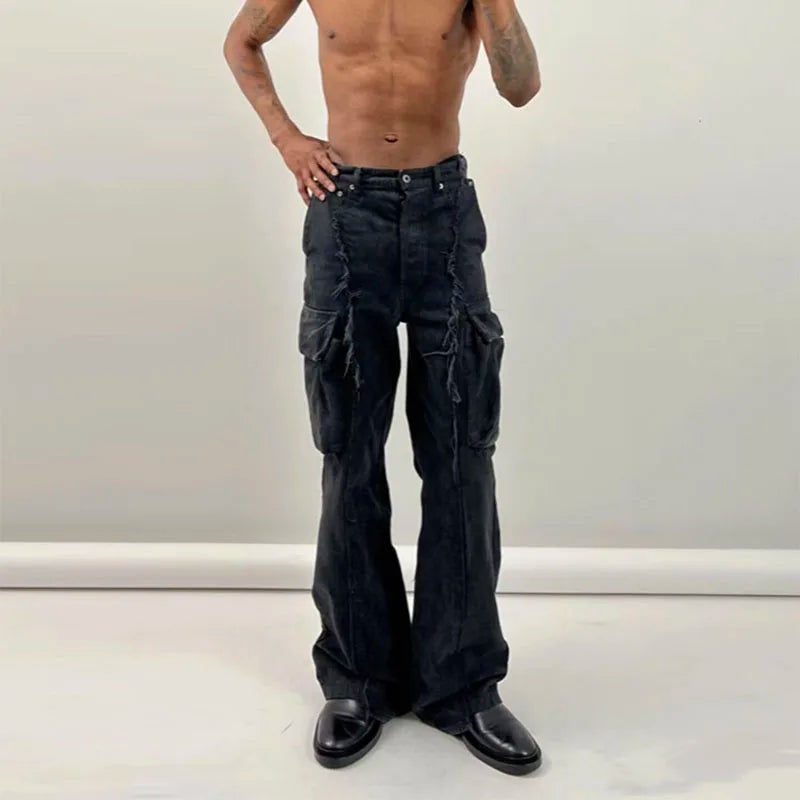 y2k streetwear tassel multi pocket jeans for men straight solid baggy cargo pants pantalones hombre casual denim trousers unique cargo style 757