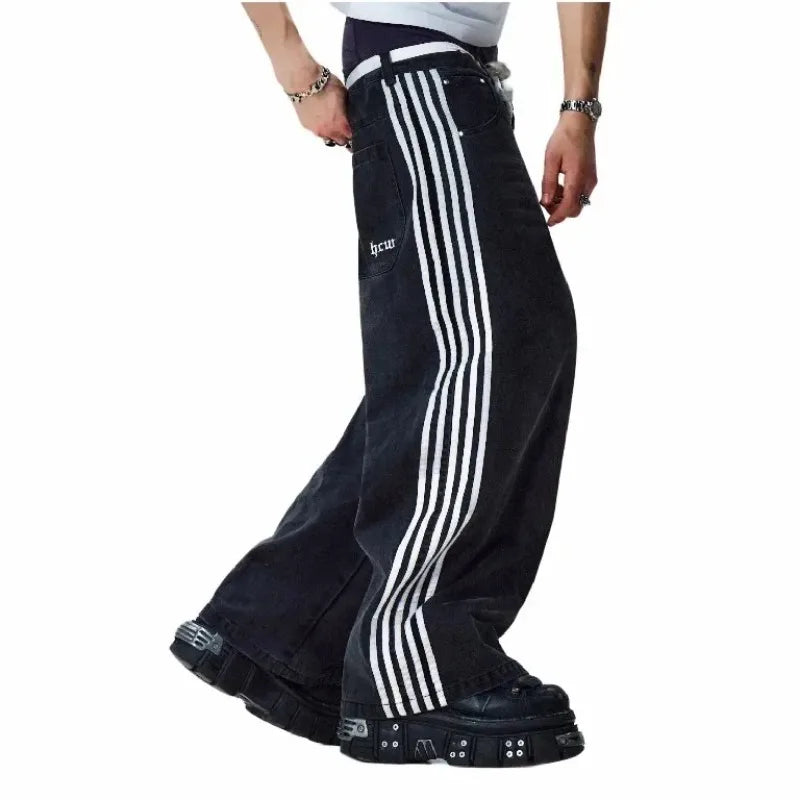 baggy jeans harajuku goth y2k jeans for men black striped new hip hop embroidered wide leg denim pants high street streetwear unique jeans style 273