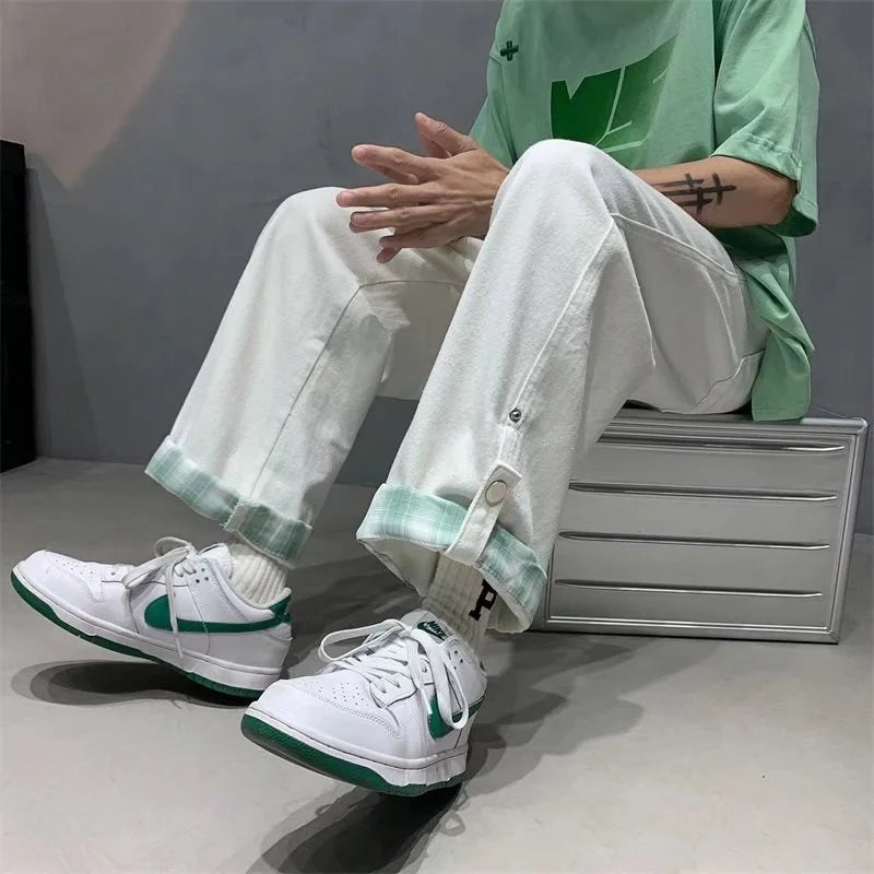 autumn plaid cuffs wide leg jeans for men high street fashion straight denim pants mujer elastic y2k baggy blue jean trousers unique jeans style 837