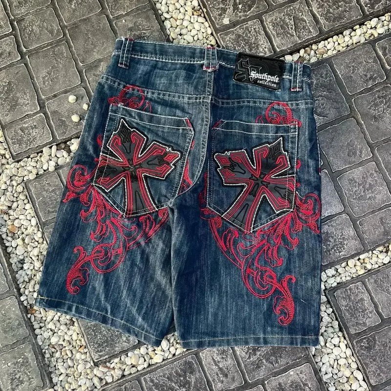 2024 new fashion comfortable versatile Gothic punk cross graphic print design casual denim short for men casual jorts shorts y2k