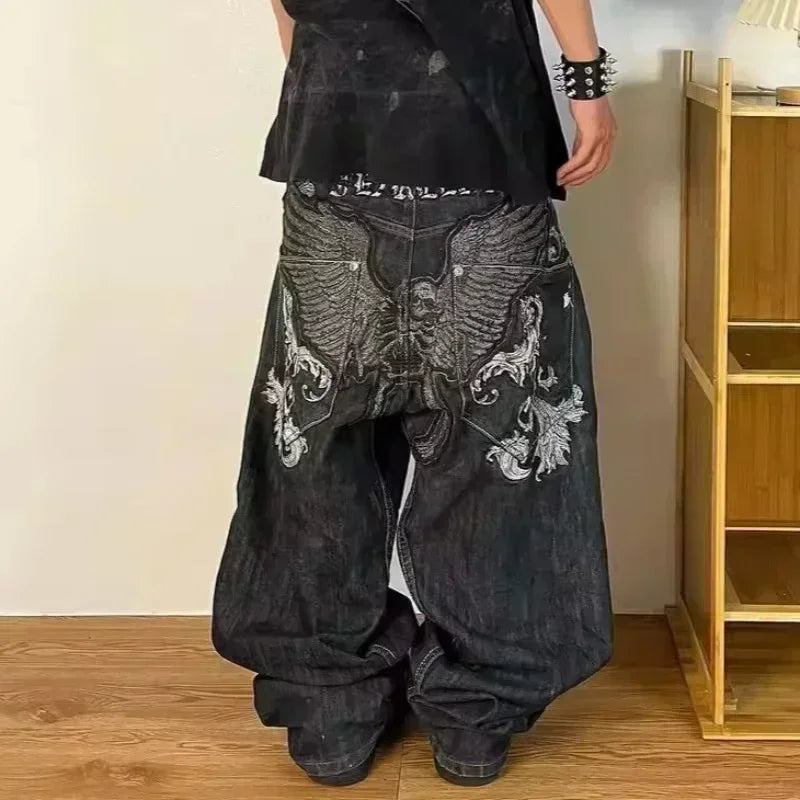 american y2k new fashion pattern embroidered spot straight jeans men street hip hop retro loose wide leg pants couple punk jeans unique jeans style 2929