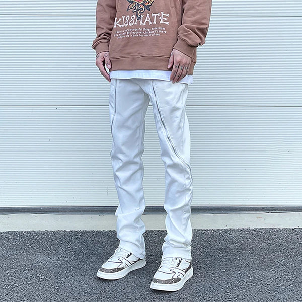 high street black white straight zipper becomes slightly flared denim jeans harajuku casual hip hop cashew flower jeans for men urban skinny jeans