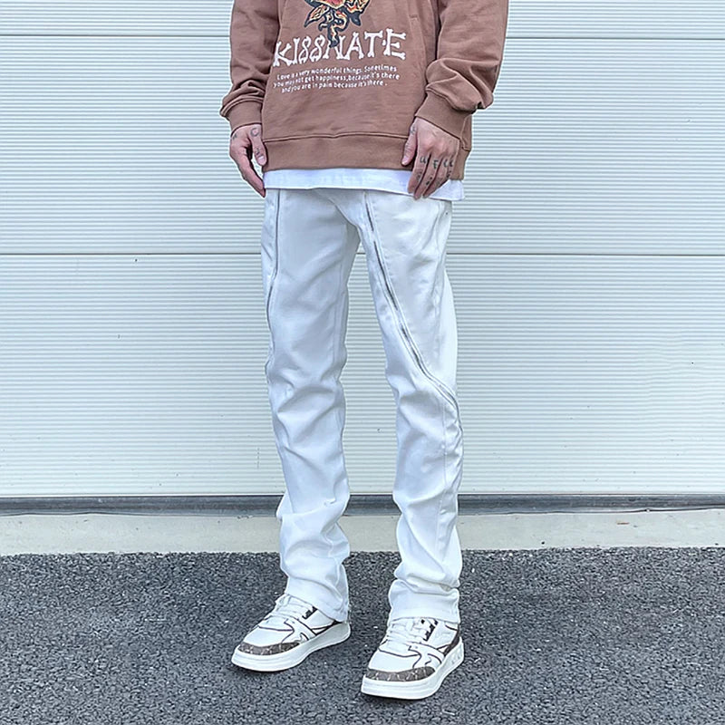 high street black white straight zipper becomes slightly flared denim jeans harajuku casual hip hop cashew flower jeans for men urban skinny jeans