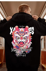 New Lion Dance Graphic Hoodies For Men Y2K Streetwear Fleece Hooded Sweatshirts