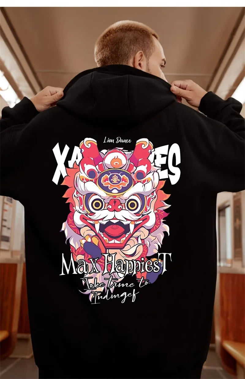 New Lion Dance Graphic Hoodies For Men Y2K Streetwear Fleece Hooded Sweatshirts