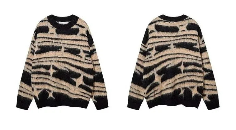 japanese hip hop sweater set men contrast zebra pattern round neck knit top splicing distressed loose jeans 2 pcs harajuku suit unique jeans style 4535