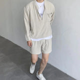 korean fashion summer clothes men 2 piece set solid hip hop v neck tops shorts streetwear short pants outfits casual outer sets unique shorts style 140