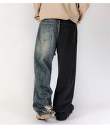 men streetwear fashion black blue splice hip hop loose casual wide leg straight baggy jeans pant cityboy jeans pants trousers unique jeans style 2644