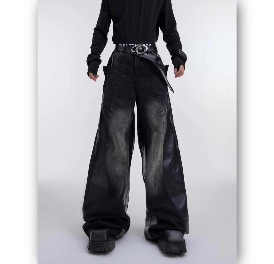 y2k retro washed splicing jeans for men new hip hop punk pu leather baggy jeans straight casual black denim trousers streetwear unique jeans style 669