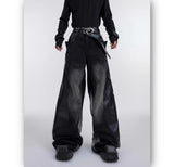 y2k retro washed splicing jeans for men new hip hop punk pu leather baggy jeans straight casual black denim trousers streetwear unique jeans style 669