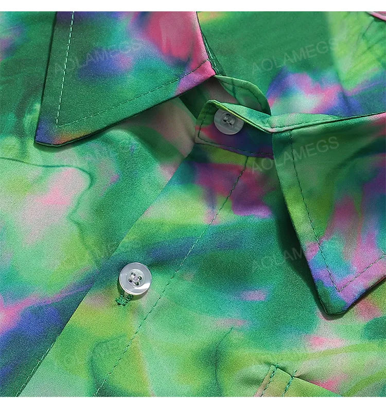 Summer Thin Half Sleeve Shirt Green Colorful Fantasy Top Casual Loose Fashion Clothing Beach