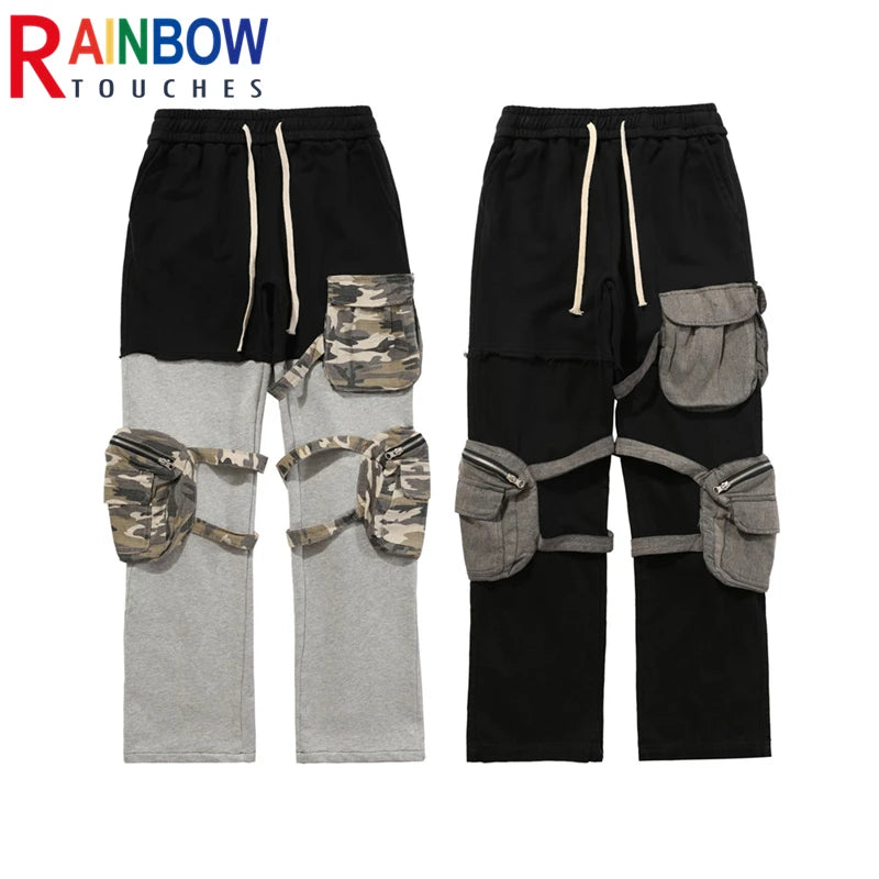 rainbowtouches fashion classic brand mens cargo pants casual color contrast trousers loose straight high street style overalls baggy cargo bottoms