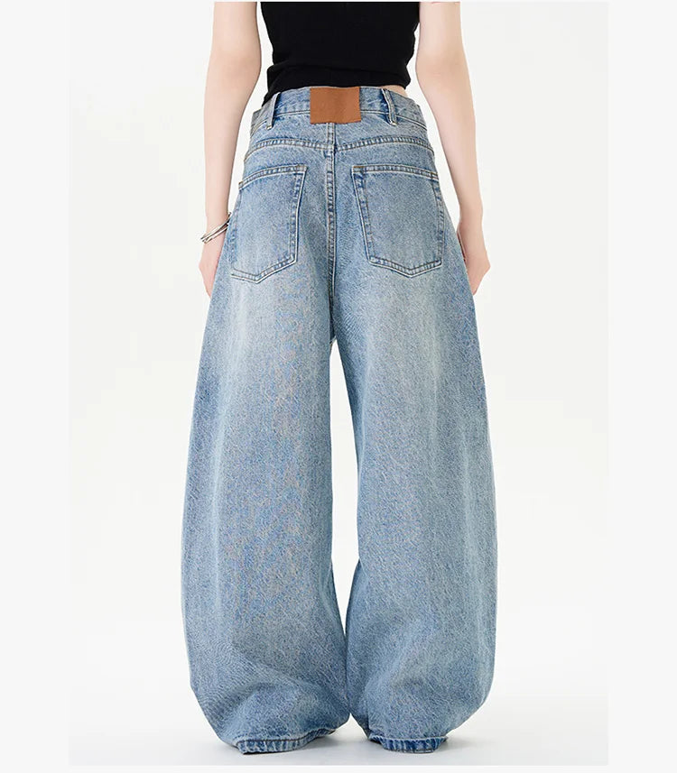Men Women American Streetwear Vintage Washed Denim Loose Casual Wide Leg Baggy Jeans Couple Harem Jeans Trousers