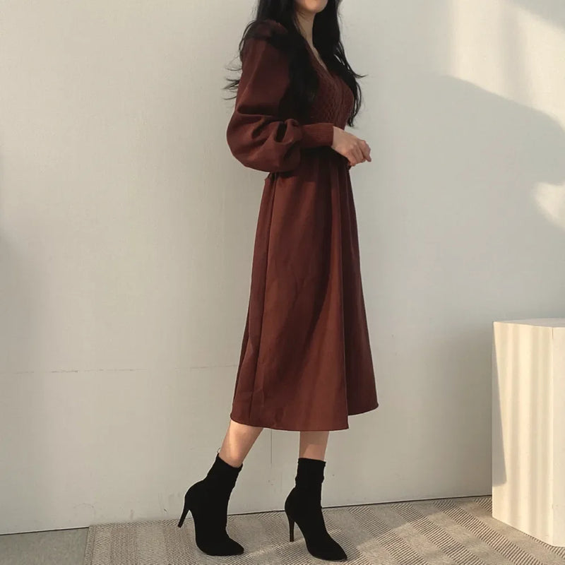 Winter Dress Long Elegant Splicing Stripes Y2k Knitted Dress Women Koean Fashion Long Sleeve Dresses Female Club Party Vestidos