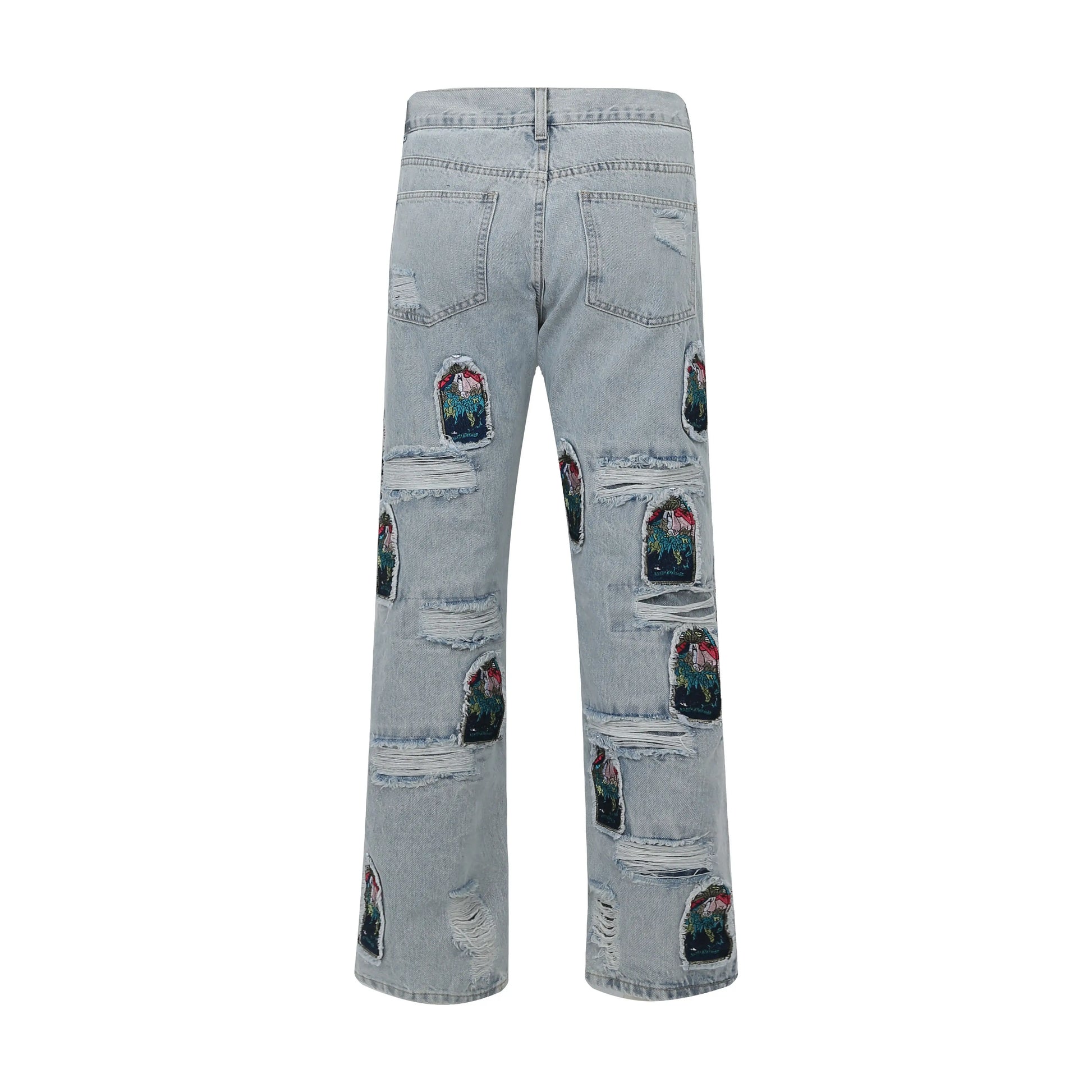 fashion ripped holes patchwork harajuku embroidery denim straight jean pants y2k trouser unisex hip hop streetwear jeans pants unique jeans style 4236