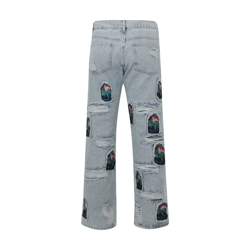 fashion ripped holes patchwork harajuku embroidery denim straight jean pants y2k trouser unisex hip hop streetwear jeans pants unique jeans style 4236