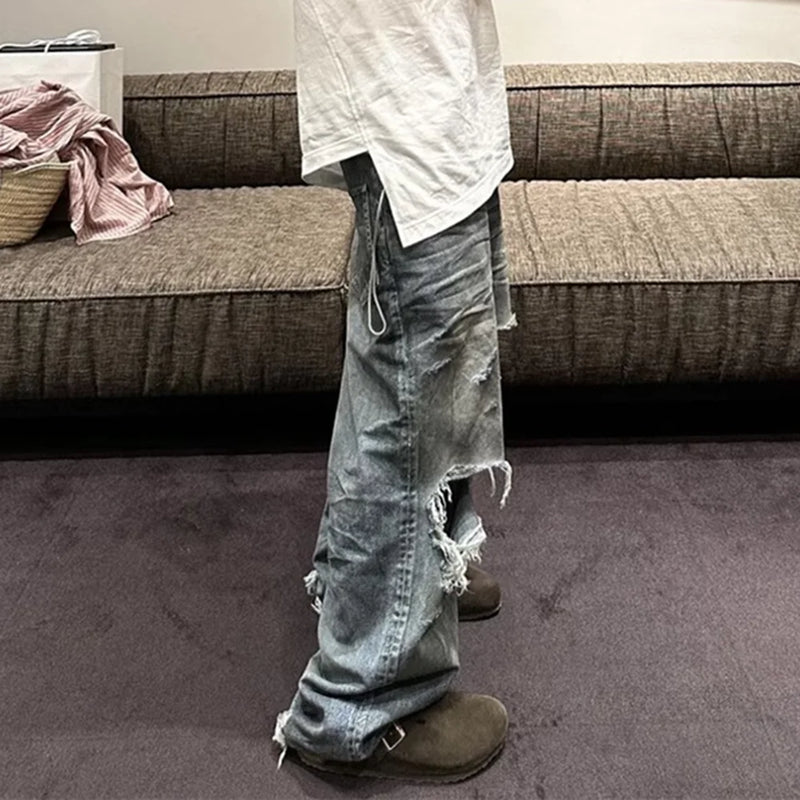 frayed damaged hole baggy wide leg jeans for men and women streetwear casual ropa hombre denim trousers oversized cargo pants unique cargo style 306