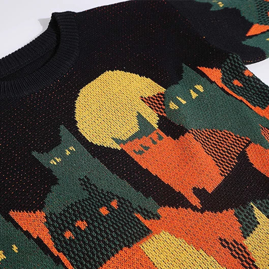 mens streetwear sweater retro vintage cats pattern hip hop knitted sweater pullover 2023 casual cotton sweater unisex clothes - graphic printed hoodie for men and women, gothic aesthetic hoodie for winter, soft fleece-lined outerwear