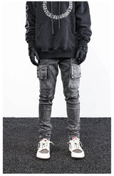 side pocket denim retro jeans mens biker zipper jean trousers hip hop fashion high street slim fit pants joggers y2k men s jeans unique joggers style 2934