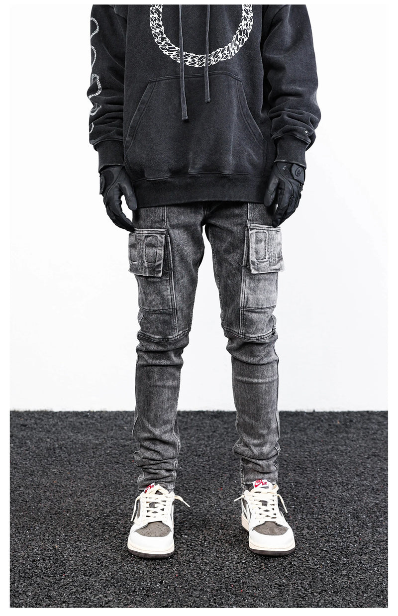 side pocket denim retro jeans mens biker zipper jean trousers hip hop fashion high street slim fit pants joggers y2k men s jeans unique joggers style 2934