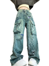 graffiti printed denim jeans unisex side pocket straight cargo jean trousers hip hop streetwear casual loose joggers jeans pants casual joggers