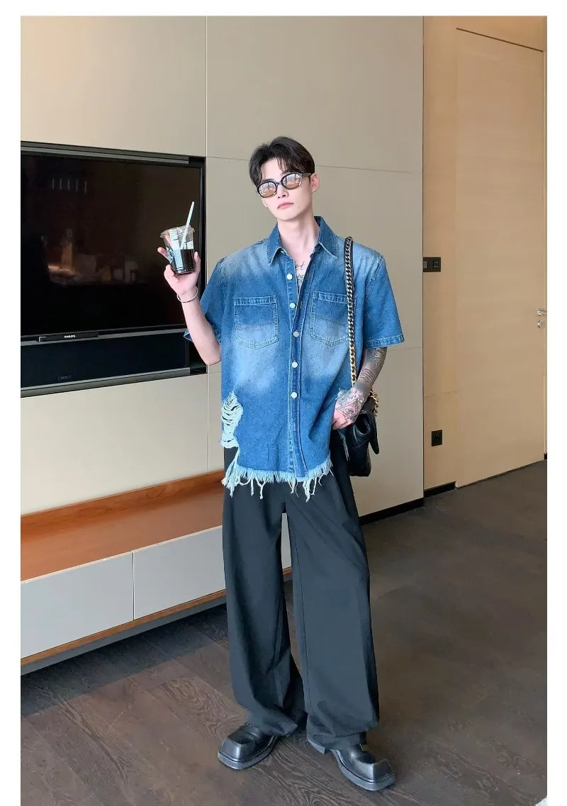 fashion high street mens set 2024 multi pocket short sleeved denim shirt casual straight leg pants 2 pcs set summer suit unisex unique jeans style 4499