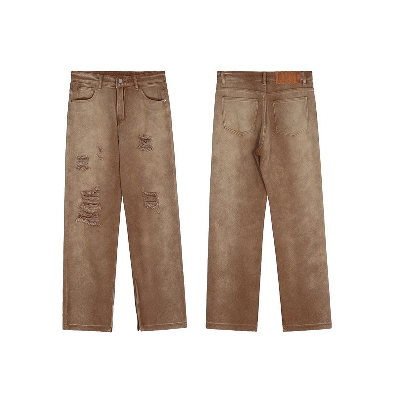 rainbowtouches men washed jeans vintage high street khaki gradient fashion trends jeans loose straight long pant casual pants unique jeans style 4082