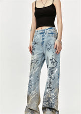 men baggy jeans graffiti printed loose straight denim pants luxury designer jeans male streetwear hip hop jeans trousers y2k unique jeans style 4529