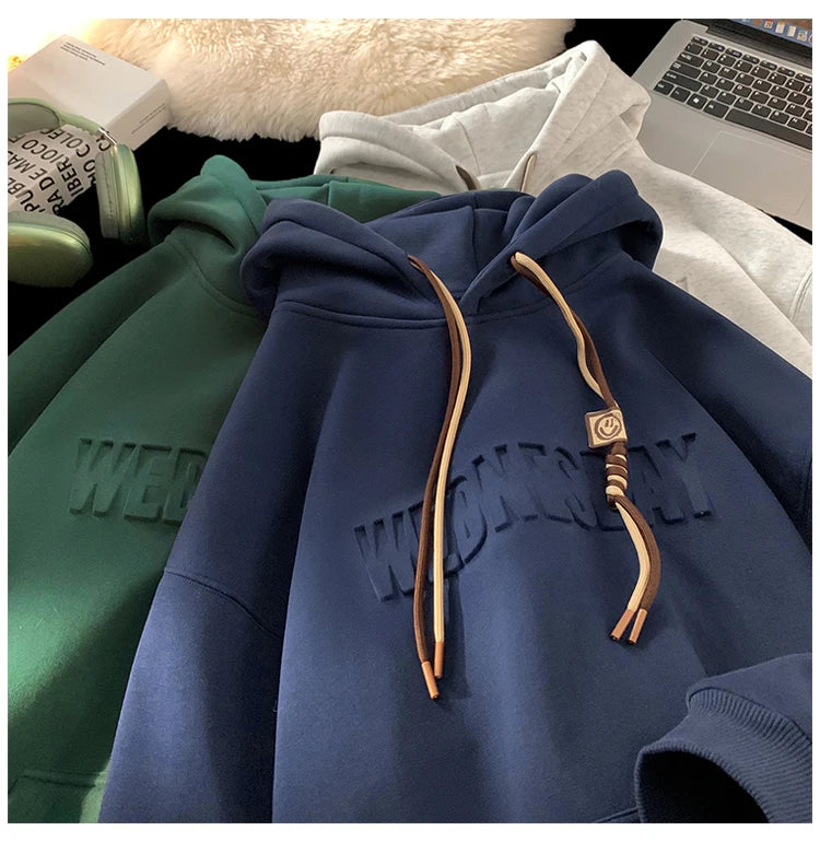 Embossed Letters Casual Hooded Sweatshirt Basic Colours Drawstring Cla