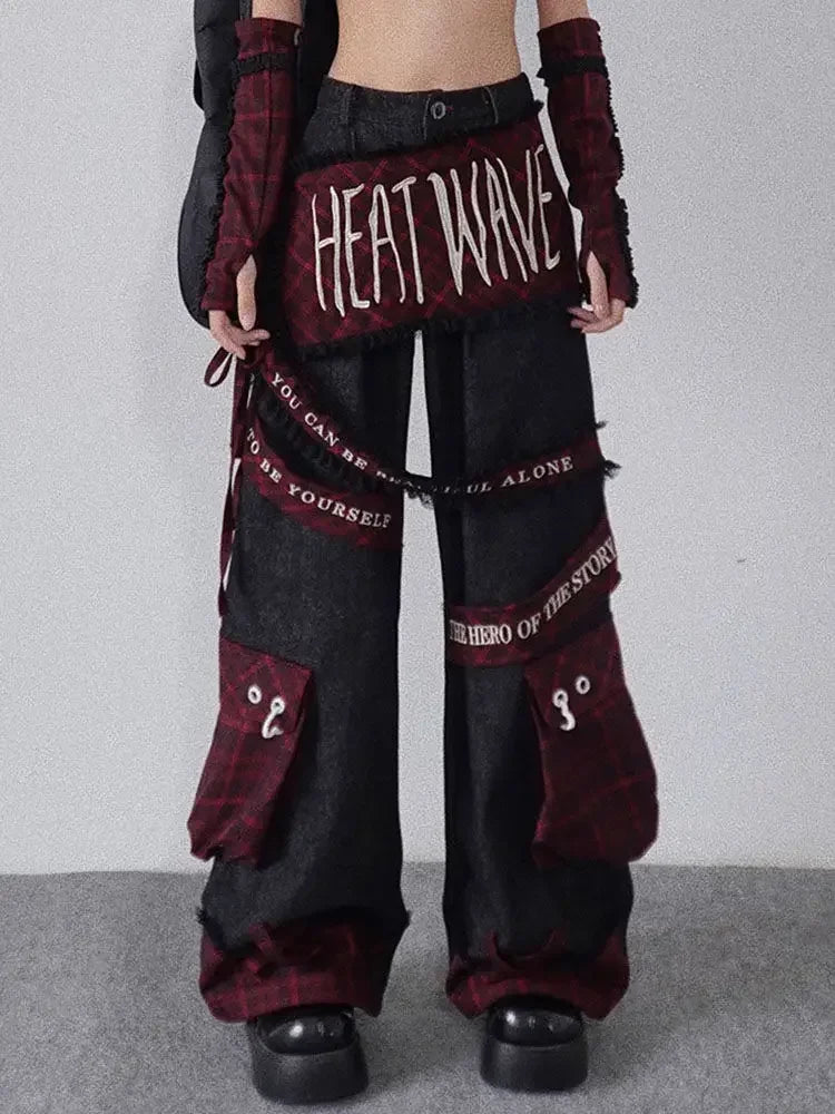 embroidered patchwork red checkered multi pocket jeans with high waist and slimming effect floor length pants baggy jeans women ripped baggy denim
