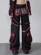 embroidered patchwork red checkered multi pocket jeans with high waist and slimming effect floor length pants baggy jeans women ripped baggy denim