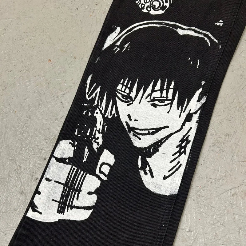 harajuku many ghost faces print y2k men s jeans popular anime baggy jeans wide leg pants streetwear trouser men clothing unique jeans style 5776