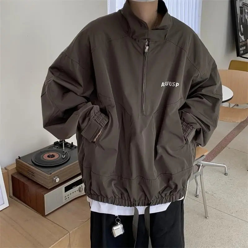 Mens Coat Spring And Autumn Stand Up Collar Half Zipper Oversize High