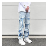 ripped irregular patchwork design denim jeans men casual zipper biker trousers jeans fashion streetwear hip hop pants joggers unique joggers style 3632