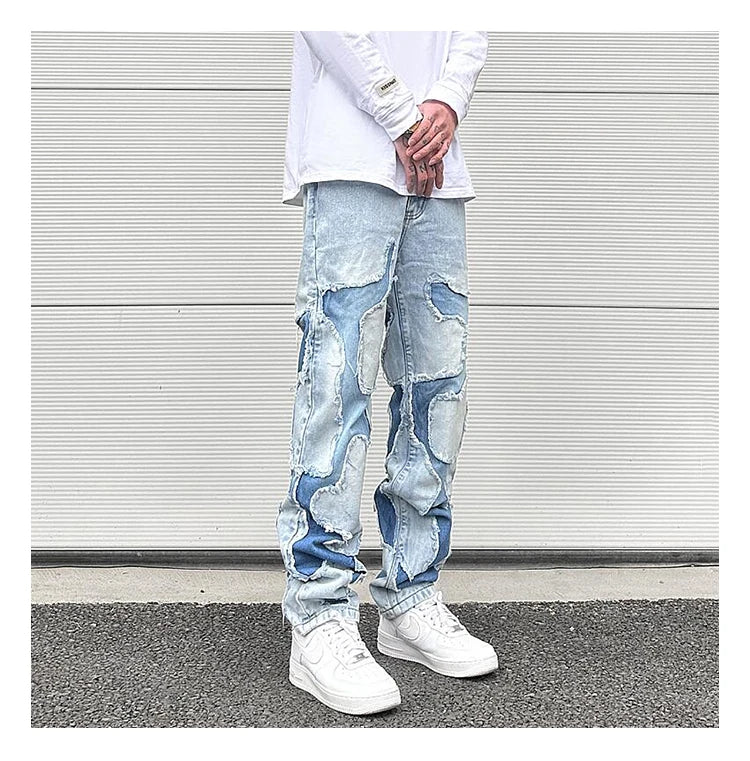 ripped irregular patchwork design denim jeans men casual zipper biker trousers jeans fashion streetwear hip hop pants joggers unique joggers style 3632