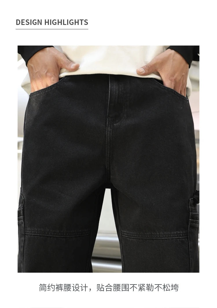 men american streetwear fashion loose casual hip hop wide leg black denim baggy jeans pants man y2k cargo jeans trousers unique cargo style 2331