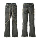 streetwear heavy craft washed distressed faded jeans flare slim straight tassel jeans for men and women raw edge denim pants unique jeans style 667