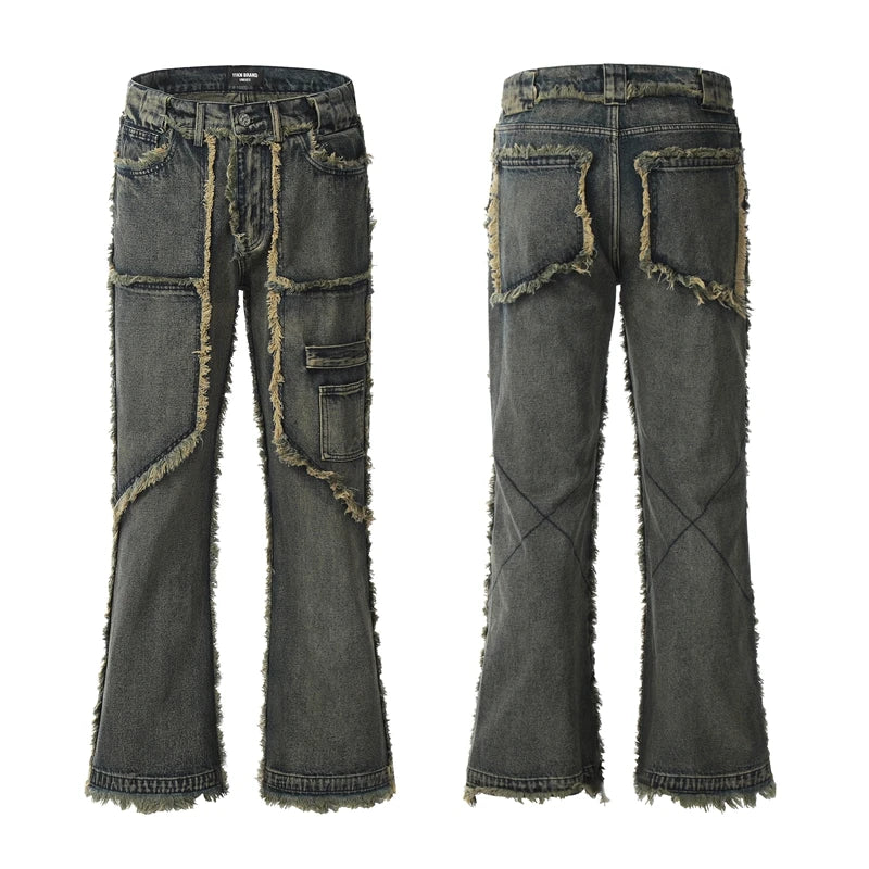 streetwear heavy craft washed distressed faded jeans flare slim straight tassel jeans for men and women raw edge denim pants unique jeans style 667