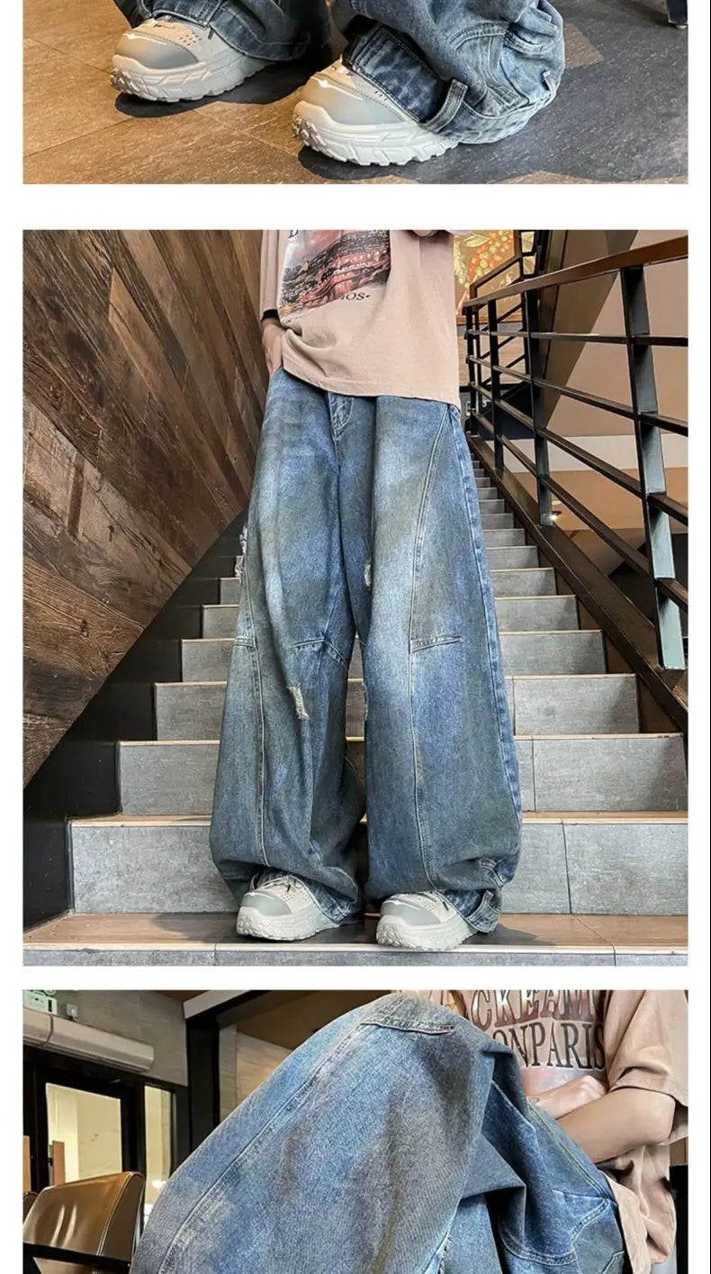 american style dirty and torn hole design straight leg wide leg jeans for men and women high street loose street casual pants unique jeans style 660