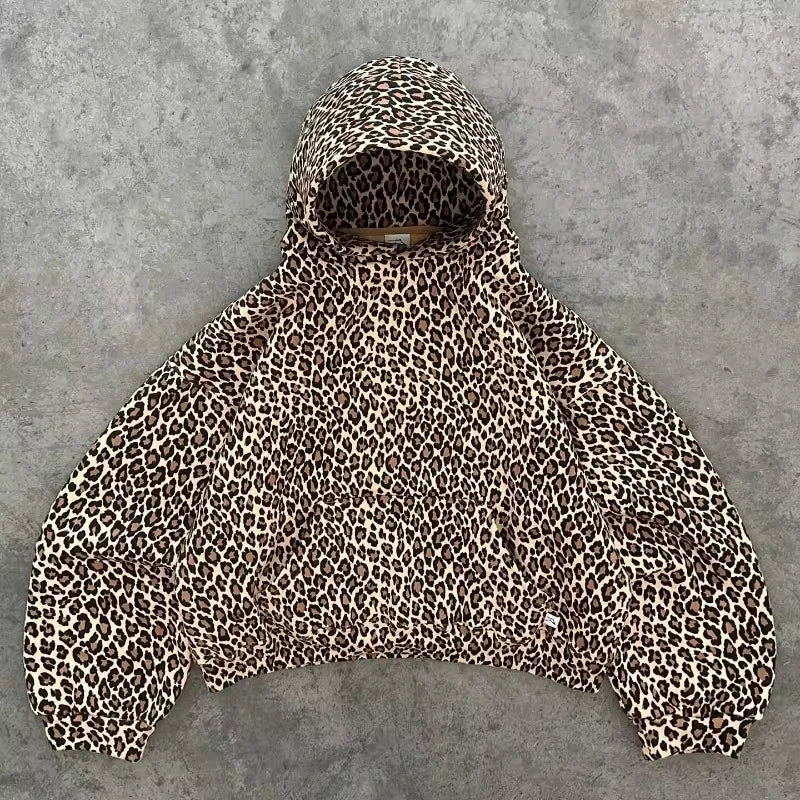 American Y2K New Fleece Padded Leopard Zipper Hoodie Women Street Fash