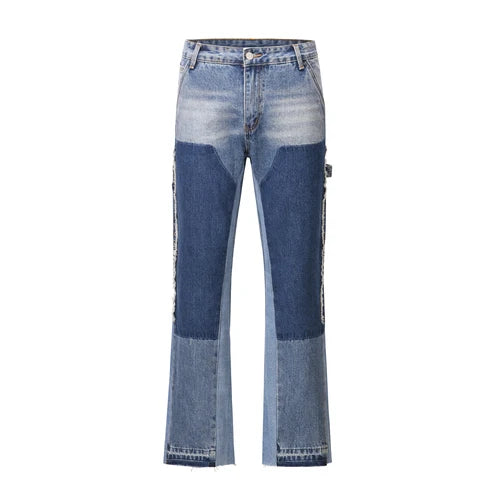 high street fashion contrast straight tube micro flared jean horn pant washing mens tassel vintage patchwork wide denim jeans unique jeans style 4987