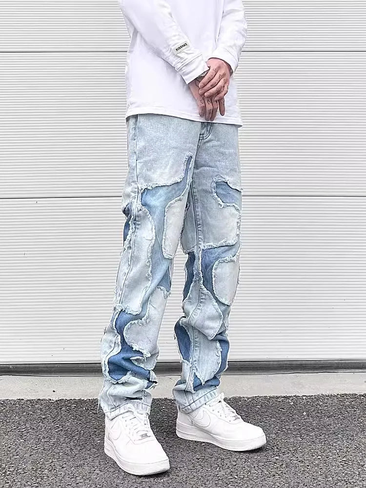 streetwear swag style blue frayed jeans pants for men retro washed ripped casual tapered denim trousers slim fit y2k jean male unique jeans style 61