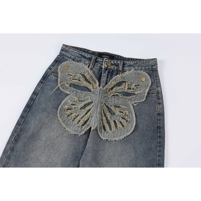butterfly patches embroidered washed straight vintage baggy fitting jeans for men high street distressed jeans pants women vintage washed jeans
