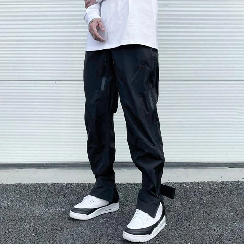 high street zipper pockets quick dry vibe style mens track pants elastic waist straight retro black casual trousers clean everyday pants