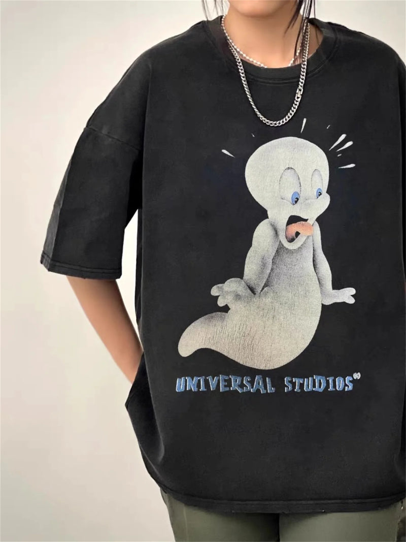 Vintage Retro Cartoon anime washed  high street  summer loose fashion casual T-shirt Tops