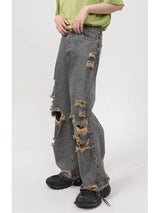 rainbowtouches 2022 men washed jeans vintage high street hole design fashion jeans popular loose straight hip hop long pants unique jeans style 4956