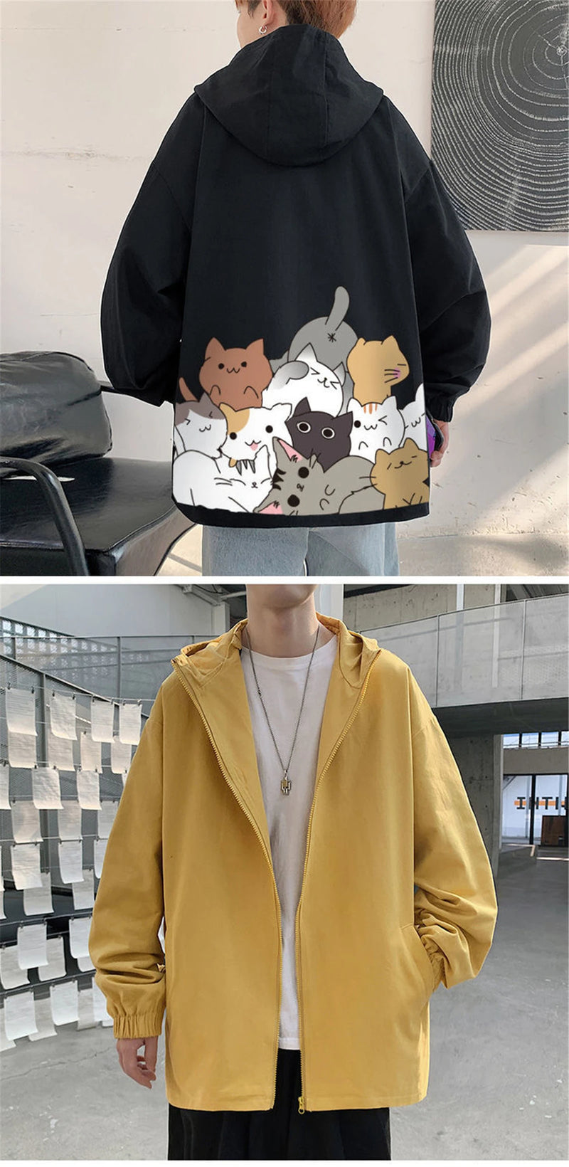 Black Cat Print Baseball Jacket Boys Long Sleeve Loose Ins Harajuku Hi