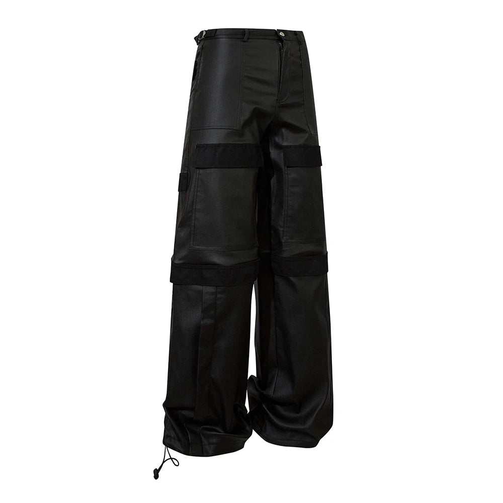 high street striped pu leather cargo pants mens harajuku straight ropa hombre loose overalls oversized casual trousers multi-pocket cargos