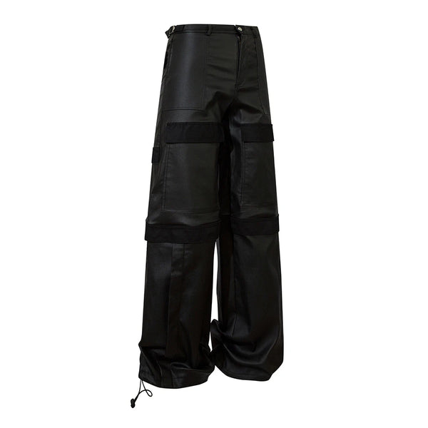 high street striped pu leather cargo pants mens harajuku straight ropa hombre loose overalls oversized casual trousers multi-pocket cargos